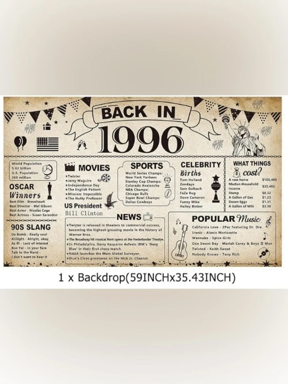 Back in 1996 Party Decor (Banner, cake topper, & 6 tissue paper Poms included!)